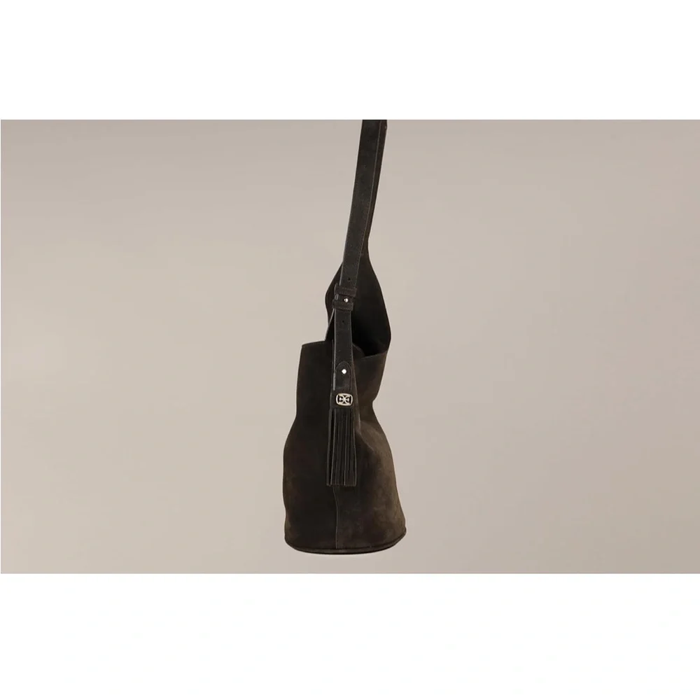 Sam Edelman🤎🖤 Astrid spiced pecan Suede Women's Black Leather Bucket Bag NWT